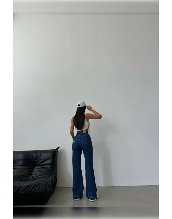 Lazer Detaylı Koyu Mavi Premium Yıkamalı Wide Leg Jeans