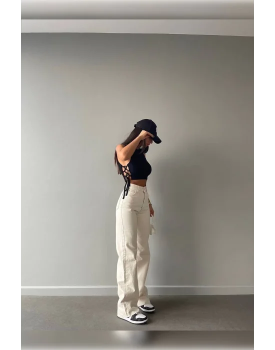 Bej Premium Yıkamalı Wide Leg Jeans