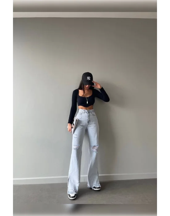Buz Mavi Lazer Detaylı Premium Yıkamalı Wide Leg Jeans