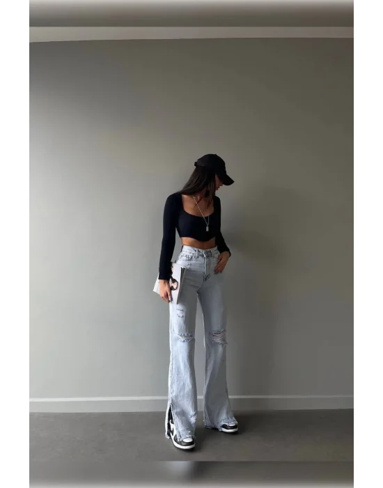 Buz Mavi Lazer Detaylı Premium Yıkamalı Wide Leg Jeans