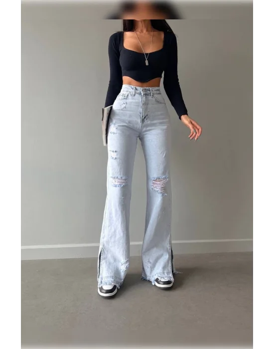 Buz Mavi Lazer Detaylı Premium Yıkamalı Wide Leg Jeans