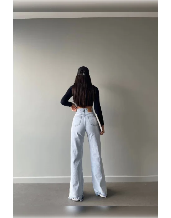 Buz Mavi Lazer Detaylı Premium Yıkamalı Wide Leg Jeans