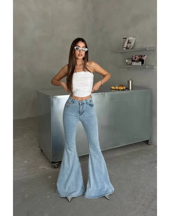 Extra Geniş Paça Yüksek Bel Likralı İspanyol Jeans