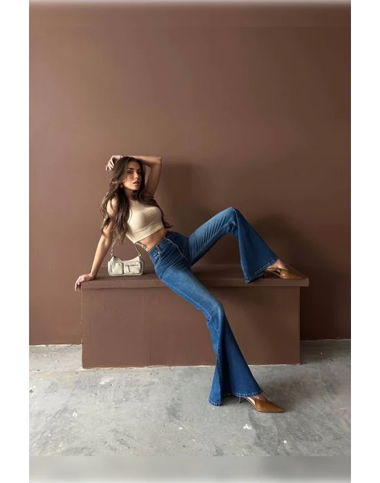 Extra Geniş Paça Yüksek Bel Likralı İspanyol Jeans