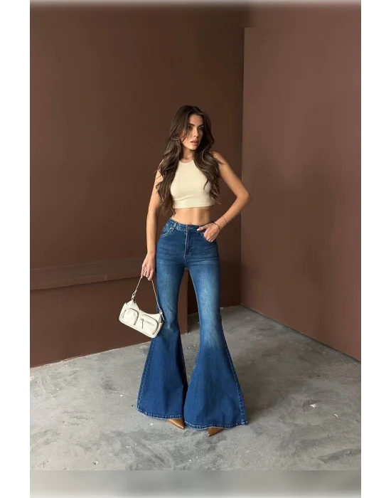 Extra Geniş Paça Yüksek Bel Likralı İspanyol Jeans