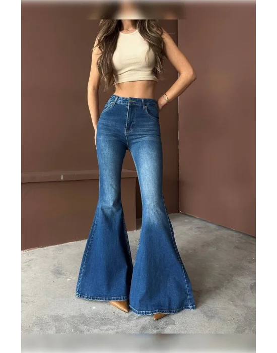 Extra Geniş Paça Yüksek Bel Likralı İspanyol Jeans