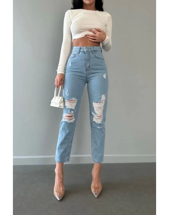 Premium Yırtık Detay Mavi Mom Jeans