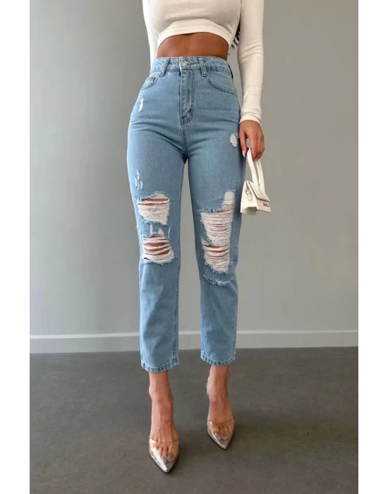 Premium Yırtık Detay Mavi Mom Jeans