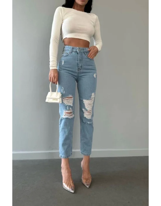 Premium Yırtık Detay Mavi Mom Jeans