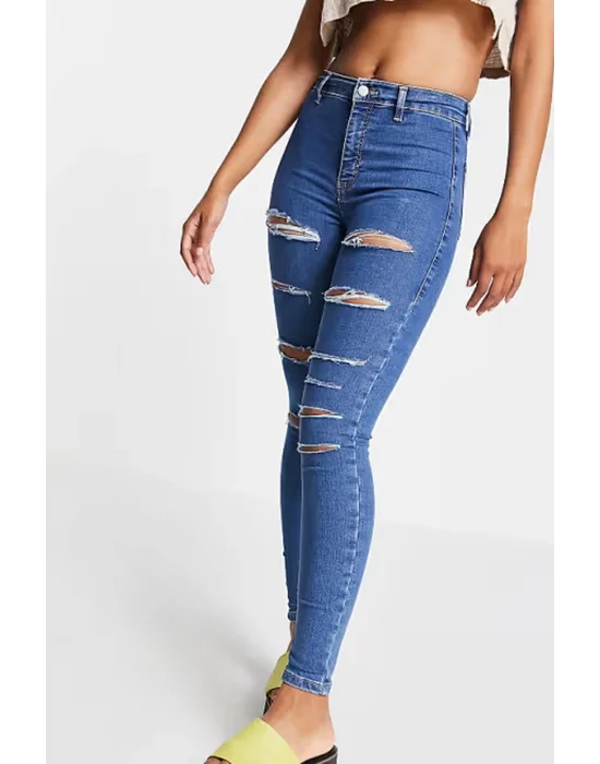 Yırtık Mavi Yüksek Bel Skinny Fit Jean Likralı Önü Cepsiz Tayt Pantolon