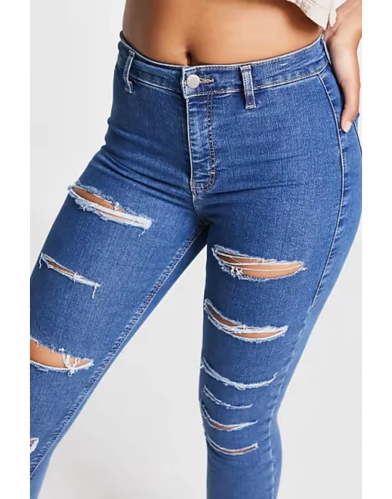 Yırtık Mavi Yüksek Bel Skinny Fit Jean Likralı Önü Cepsiz Tayt Pantolon