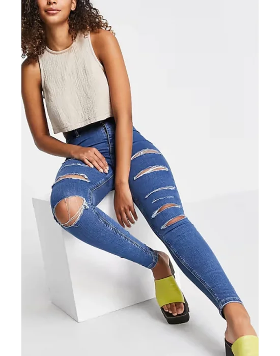 Yırtık Mavi Yüksek Bel Skinny Fit Jean Likralı Önü Cepsiz Tayt Pantolon