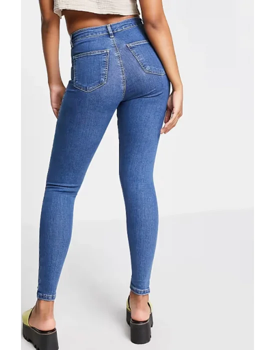 Yırtık Mavi Yüksek Bel Skinny Fit Jean Likralı Önü Cepsiz Tayt Pantolon