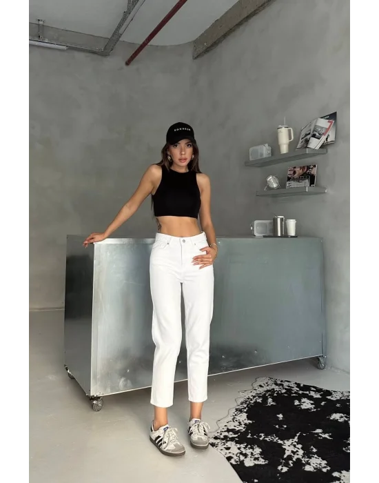 Premium Beyaz Renk Mom Jeans