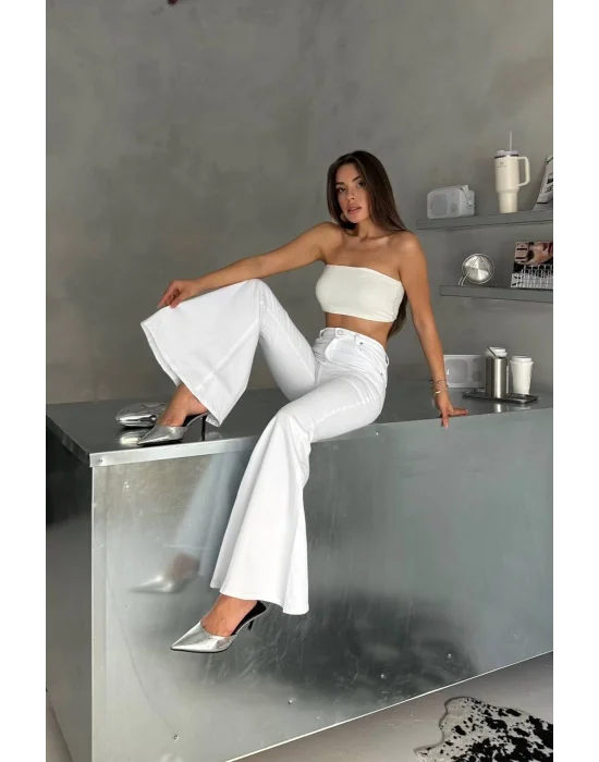 Beyaz Renk Extra Geniş Paça Yüksek Bel Likralı İspanyol Jeans