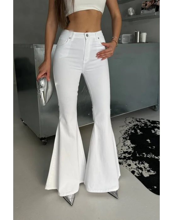 Beyaz Renk Extra Geniş Paça Yüksek Bel Likralı İspanyol Jeans