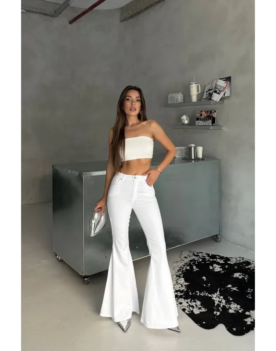 Beyaz Renk Extra Geniş Paça Yüksek Bel Likralı İspanyol Jeans