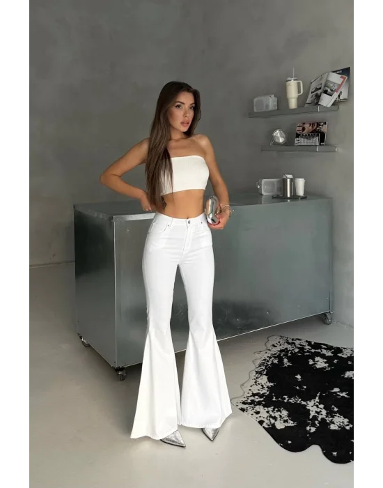 Beyaz Renk Extra Geniş Paça Yüksek Bel Likralı İspanyol Jeans