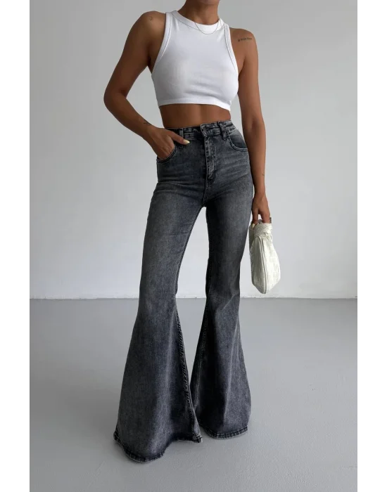 Füme Extra Geniş Paça Yüksek Bel Likralı İspanyol Jeans