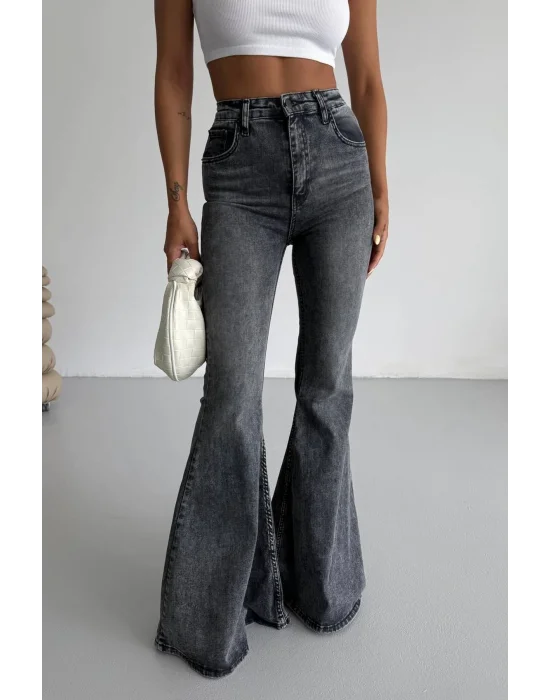 Füme Extra Geniş Paça Yüksek Bel Likralı İspanyol Jeans