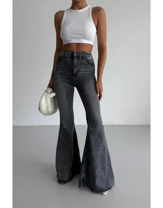 Füme Extra Geniş Paça Yüksek Bel Likralı İspanyol Jeans