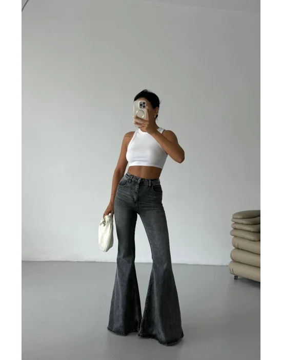 Füme Extra Geniş Paça Yüksek Bel Likralı İspanyol Jeans