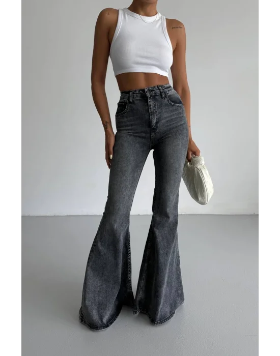 Füme Extra Geniş Paça Yüksek Bel Likralı İspanyol Jeans