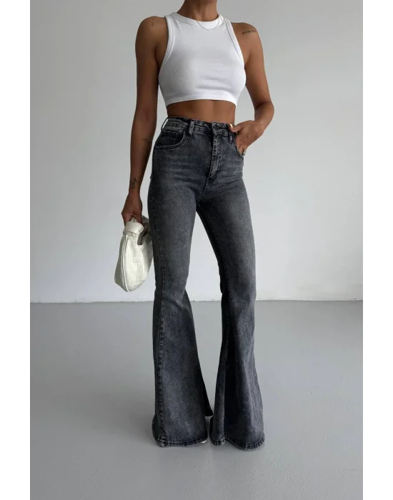 Füme Extra Geniş Paça Yüksek Bel Likralı İspanyol Jeans