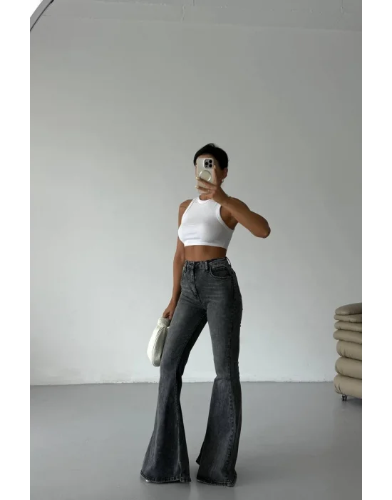 Füme Extra Geniş Paça Yüksek Bel Likralı İspanyol Jeans