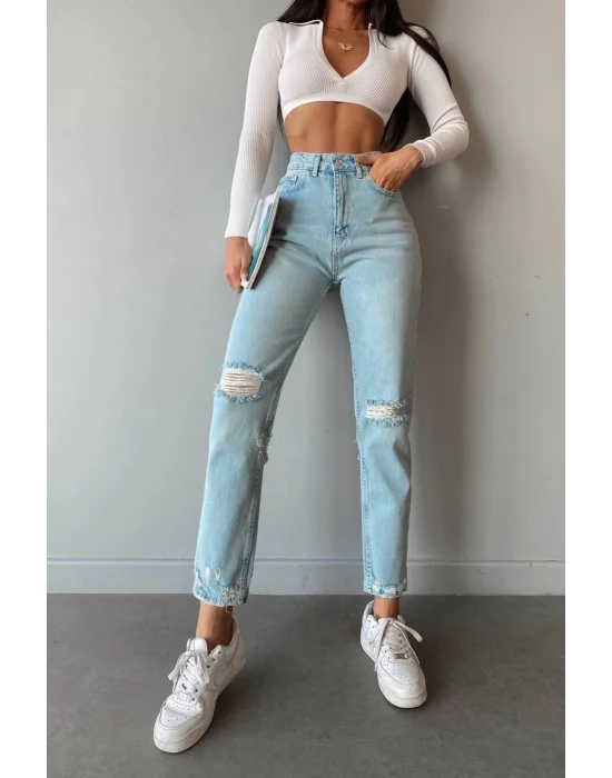 Premium Yırtık Mavi Mom Jeans