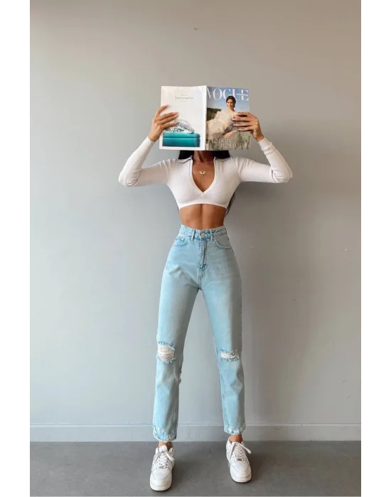 Premium Yırtık Mavi Mom Jeans