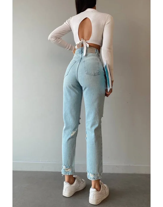 Premium Yırtık Mavi Mom Jeans