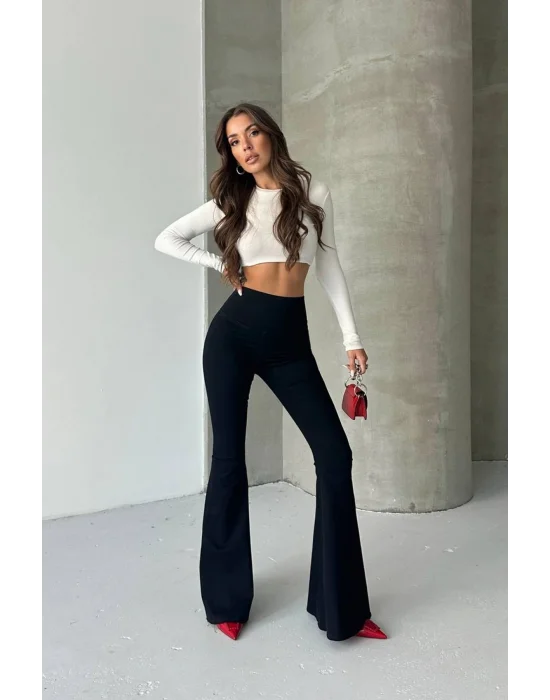 Siyah Extra Geniş Paça Tayt Formunda Yüksek Bel Likralı İspanyol Jeans