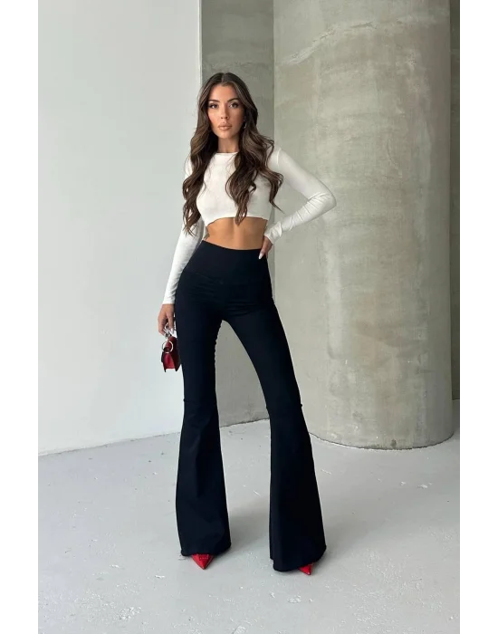 Siyah Extra Geniş Paça Tayt Formunda Yüksek Bel Likralı İspanyol Jeans