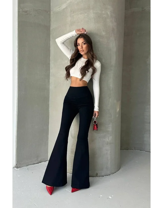 Siyah Extra Geniş Paça Tayt Formunda Yüksek Bel Likralı İspanyol Jeans