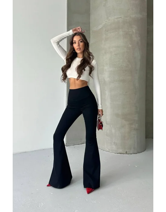 Siyah Extra Geniş Paça Tayt Formunda Yüksek Bel Likralı İspanyol Jeans