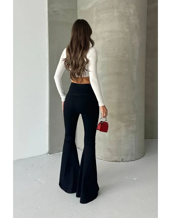 Siyah Extra Geniş Paça Tayt Formunda Yüksek Bel Likralı İspanyol Jeans