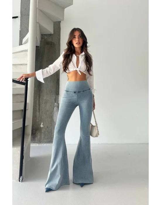 Buz Mavi Extra Geniş Paça Tayt Formunda Yüksek Bel Likralı İspanyol Jeans