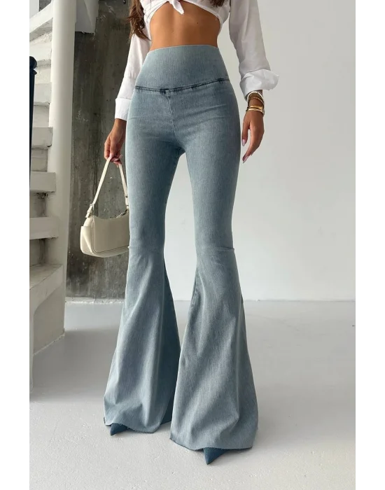 Buz Mavi Extra Geniş Paça Tayt Formunda Yüksek Bel Likralı İspanyol Jeans