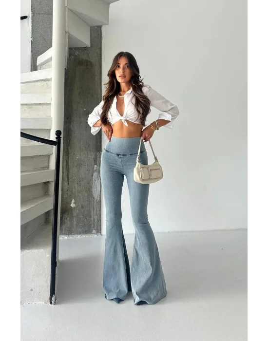 Buz Mavi Extra Geniş Paça Tayt Formunda Yüksek Bel Likralı İspanyol Jeans