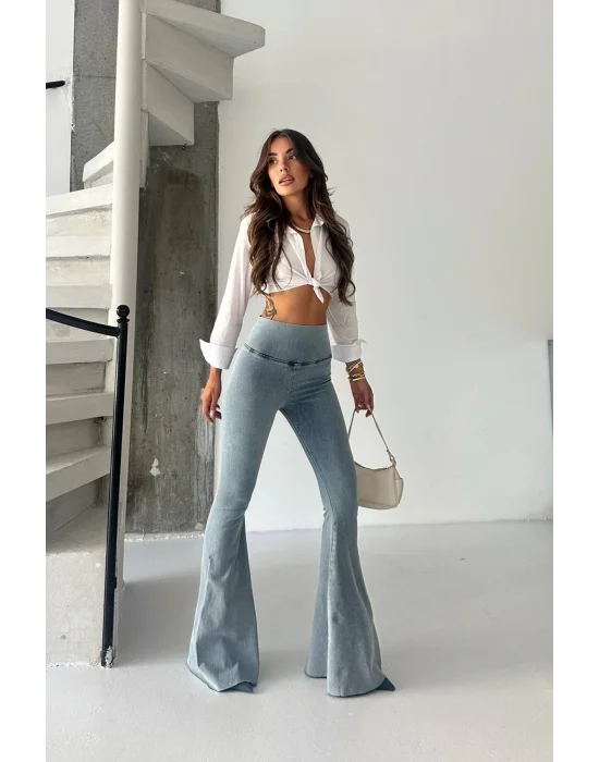 Buz Mavi Extra Geniş Paça Tayt Formunda Yüksek Bel Likralı İspanyol Jeans