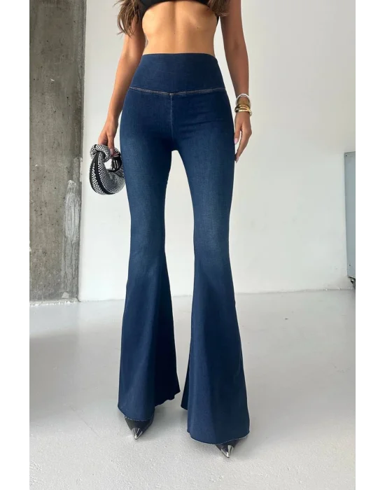 Lacivert Extra Geniş Paça Tayt Formunda Yüksek Bel Likralı İspanyol Jeans