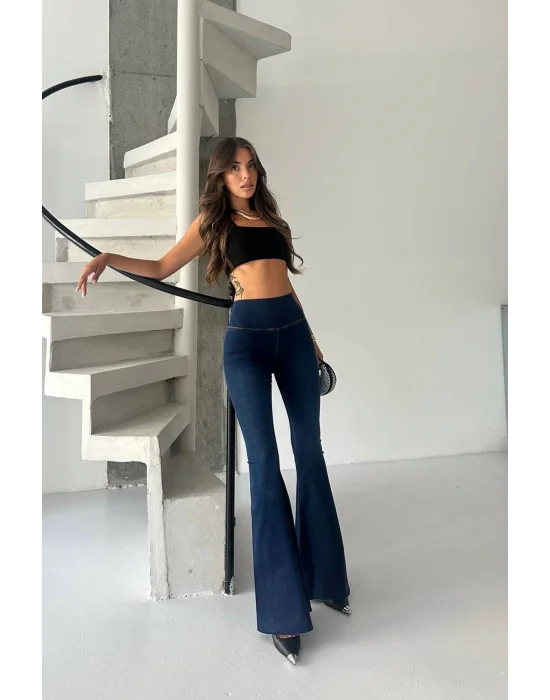 Lacivert Extra Geniş Paça Tayt Formunda Yüksek Bel Likralı İspanyol Jeans