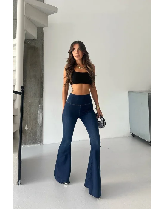 Lacivert Extra Geniş Paça Tayt Formunda Yüksek Bel Likralı İspanyol Jeans