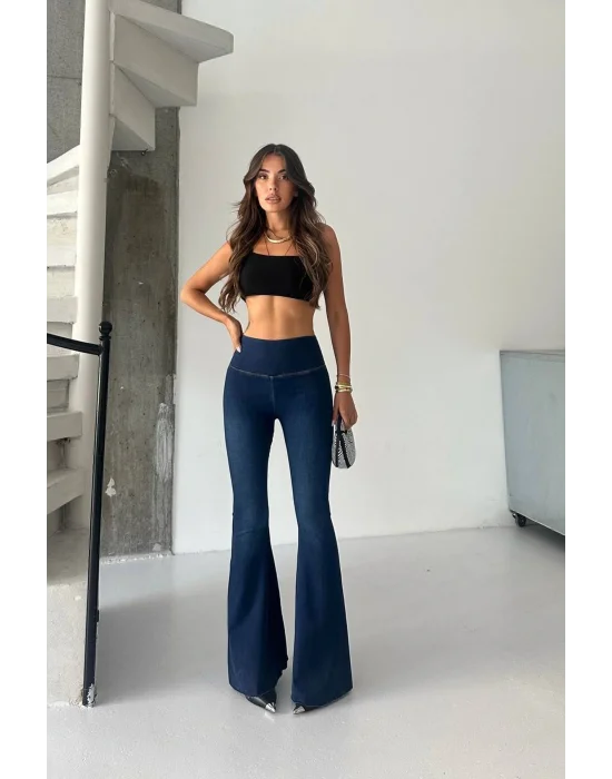 Lacivert Extra Geniş Paça Tayt Formunda Yüksek Bel Likralı İspanyol Jeans