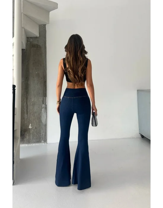 Lacivert Extra Geniş Paça Tayt Formunda Yüksek Bel Likralı İspanyol Jeans