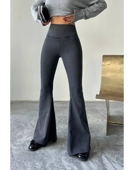 Füme Extra Geniş Paça Tayt Formunda Yüksek Bel Likralı İspanyol Jeans