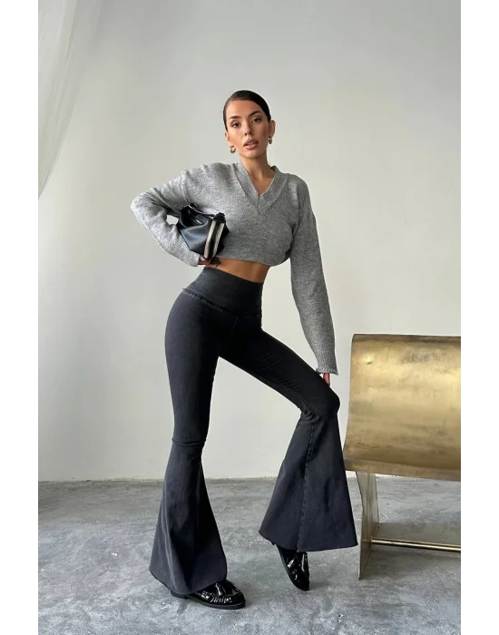 Füme Extra Geniş Paça Tayt Formunda Yüksek Bel Likralı İspanyol Jeans