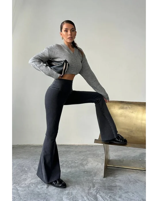 Füme Extra Geniş Paça Tayt Formunda Yüksek Bel Likralı İspanyol Jeans