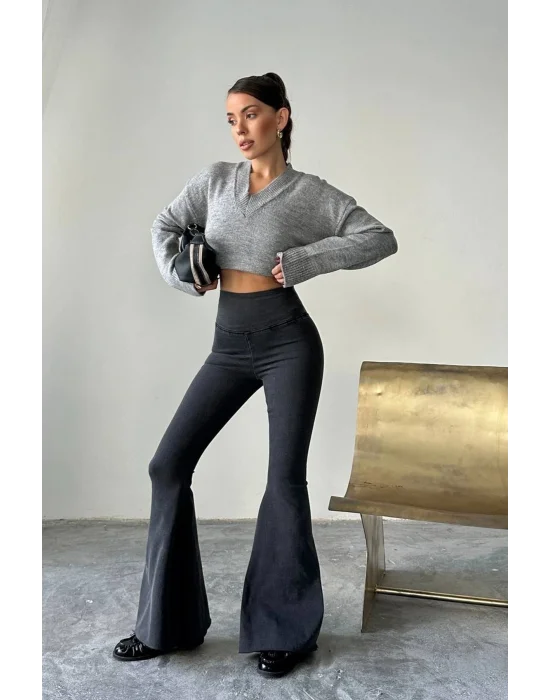 Füme Extra Geniş Paça Tayt Formunda Yüksek Bel Likralı İspanyol Jeans